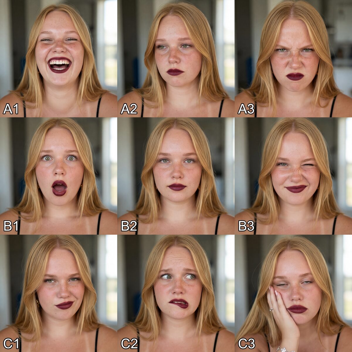 AI influencer character reference sheet showing the same face across nine expressions and angles