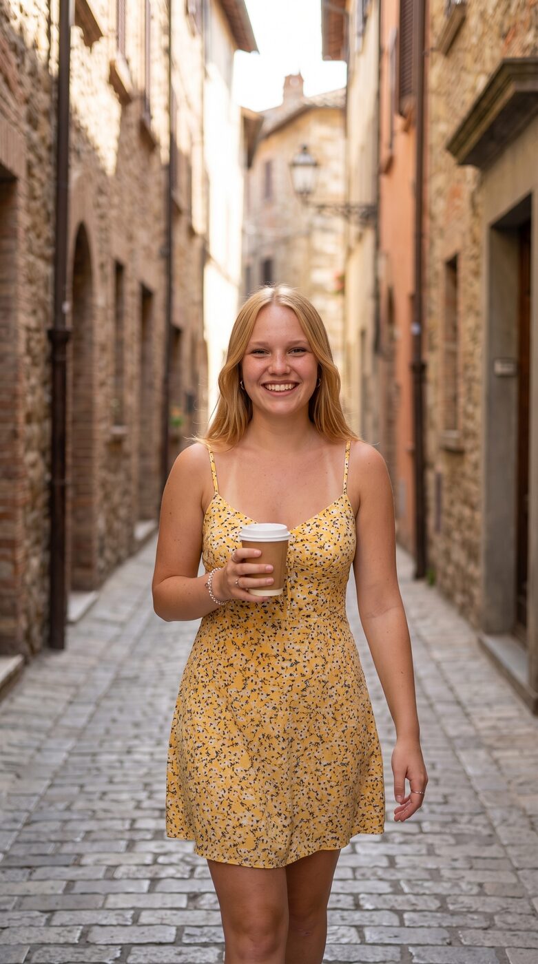 Generic looking AI influencer photo in an alley generated from a short lazy prompt